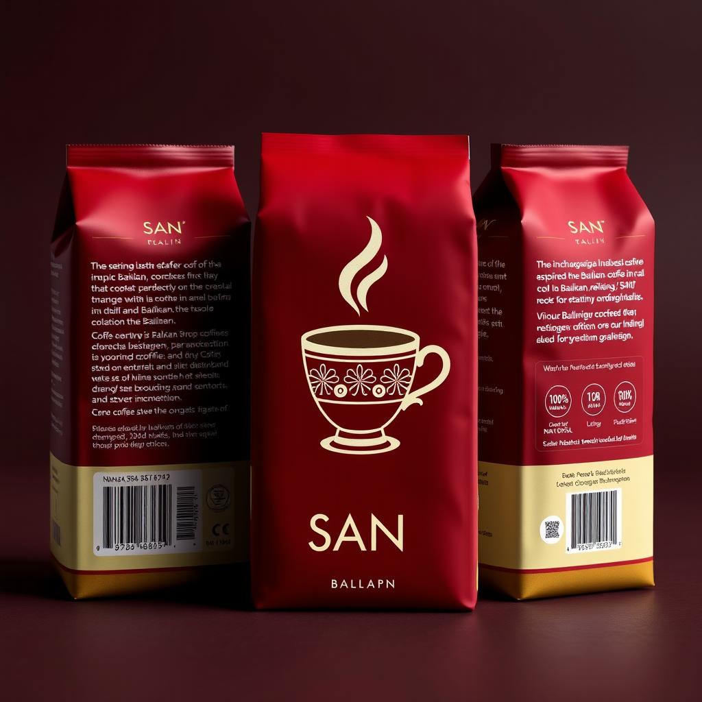 A packaging design for SAN coffee featuring a deep burgundy background that symbolizes warmth and passion, common in traditional Balkan designs