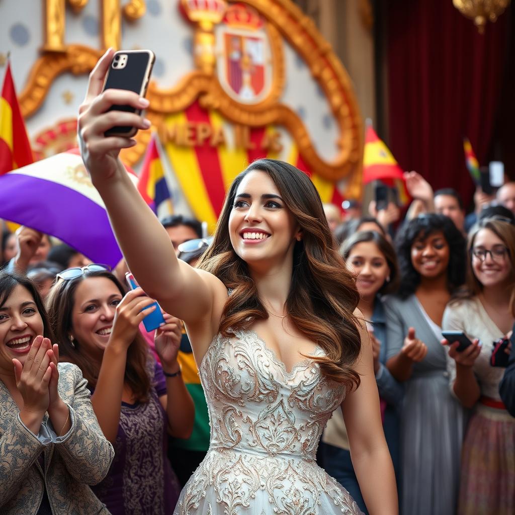 Leonor, the future queen of Spain and daughter of King Felipe VI, now an elegant adult, joyfully taking a selfie with a crowd of enthusiastic supporters moments before her coronation