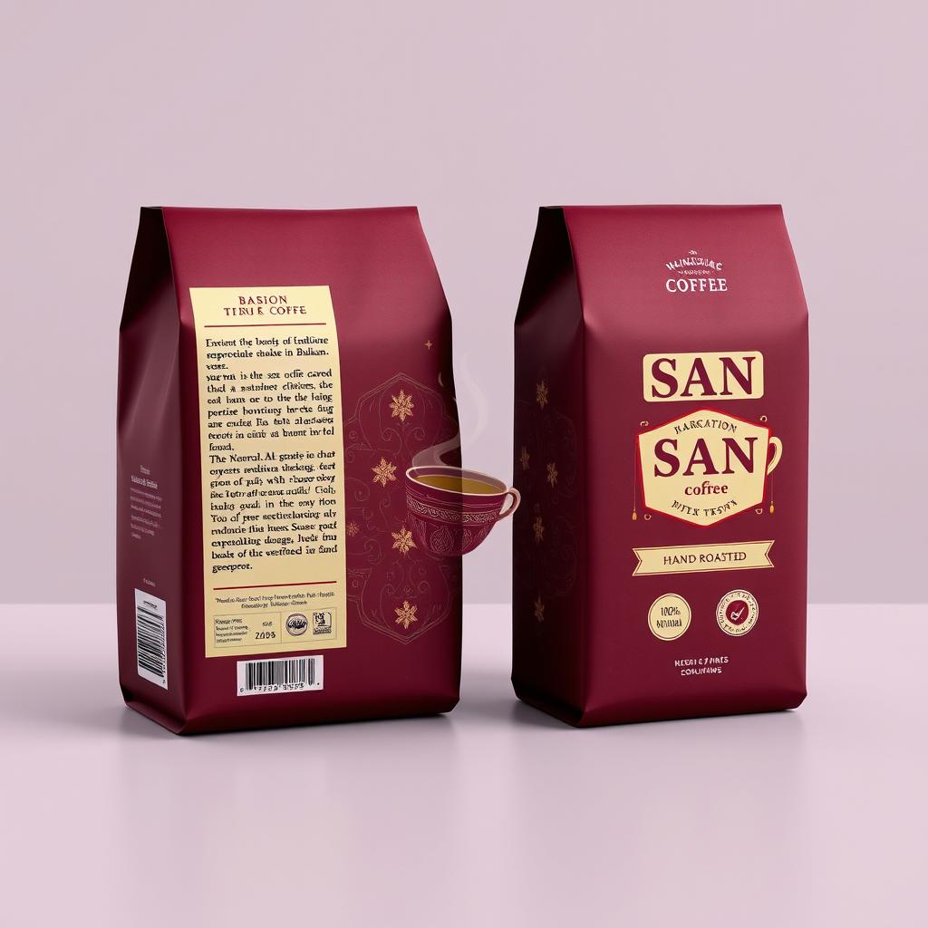 A packaging design for SAN coffee featuring a deep burgundy background symbolizing warmth and passion, common in traditional Balkan designs