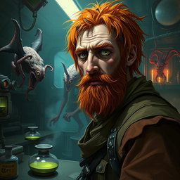 A male human alchemist-inventor character inspired by the style of the game Prey (2017)