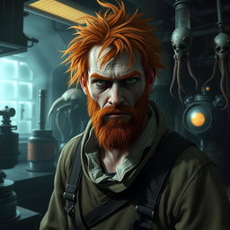 A male human alchemist-inventor character inspired by the style of the game Prey (2017)
