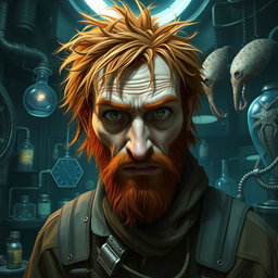 A male human alchemist-inventor character inspired by the style of the game Prey (2017)