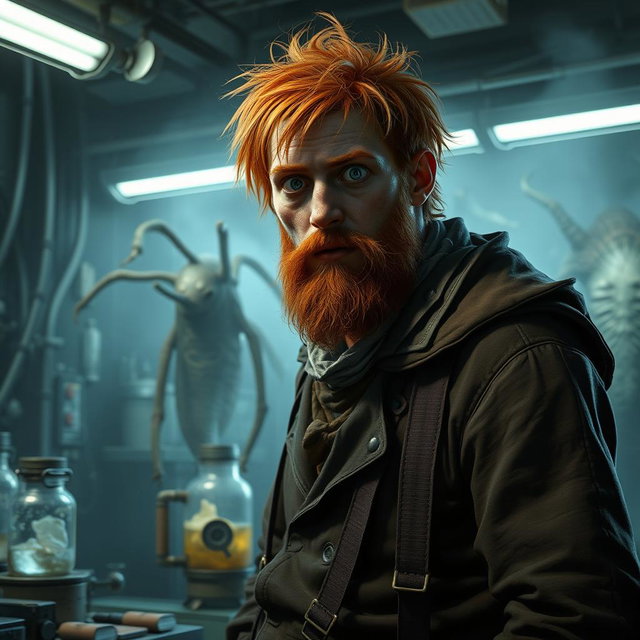 A male human alchemist-inventor character inspired by the style of the game Prey (2017)