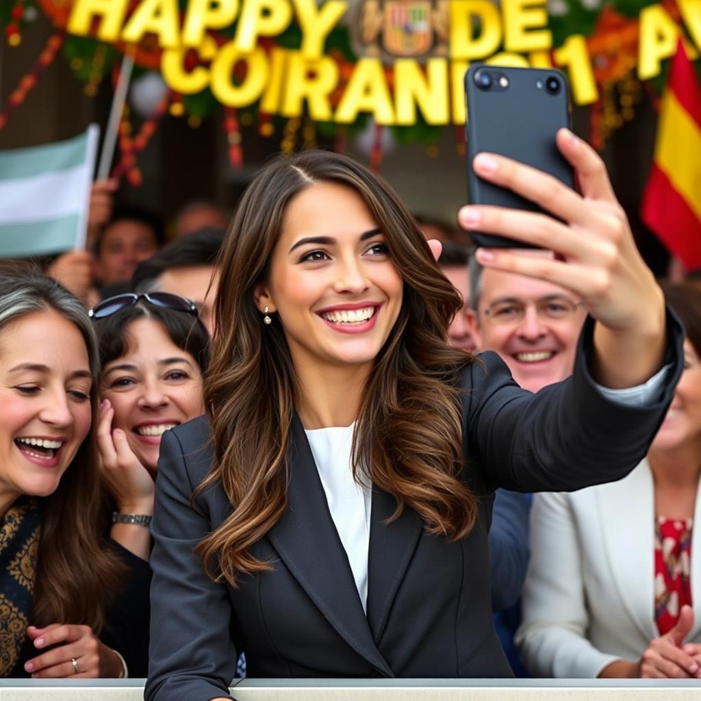 Leonor, the future queen of Spain and daughter of King Felipe VI, now an elegant adult, dressed in a sophisticated suit, joyfully taking a selfie with a crowd of enthusiastic supporters moments before her coronation
