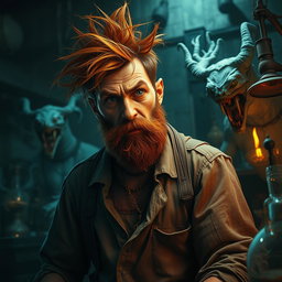 A male human alchemist-inventor character from a fantasy dungeon setting, age 35