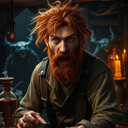 A male human alchemist-inventor character from a fantasy dungeon setting, age 35