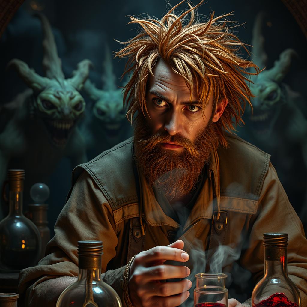 A male human alchemist-inventor character from a fantasy dungeon setting, age 35