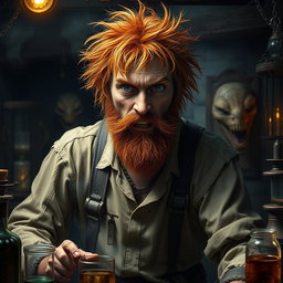 A male human alchemist-inventor character from a fantasy dungeon setting, age 35