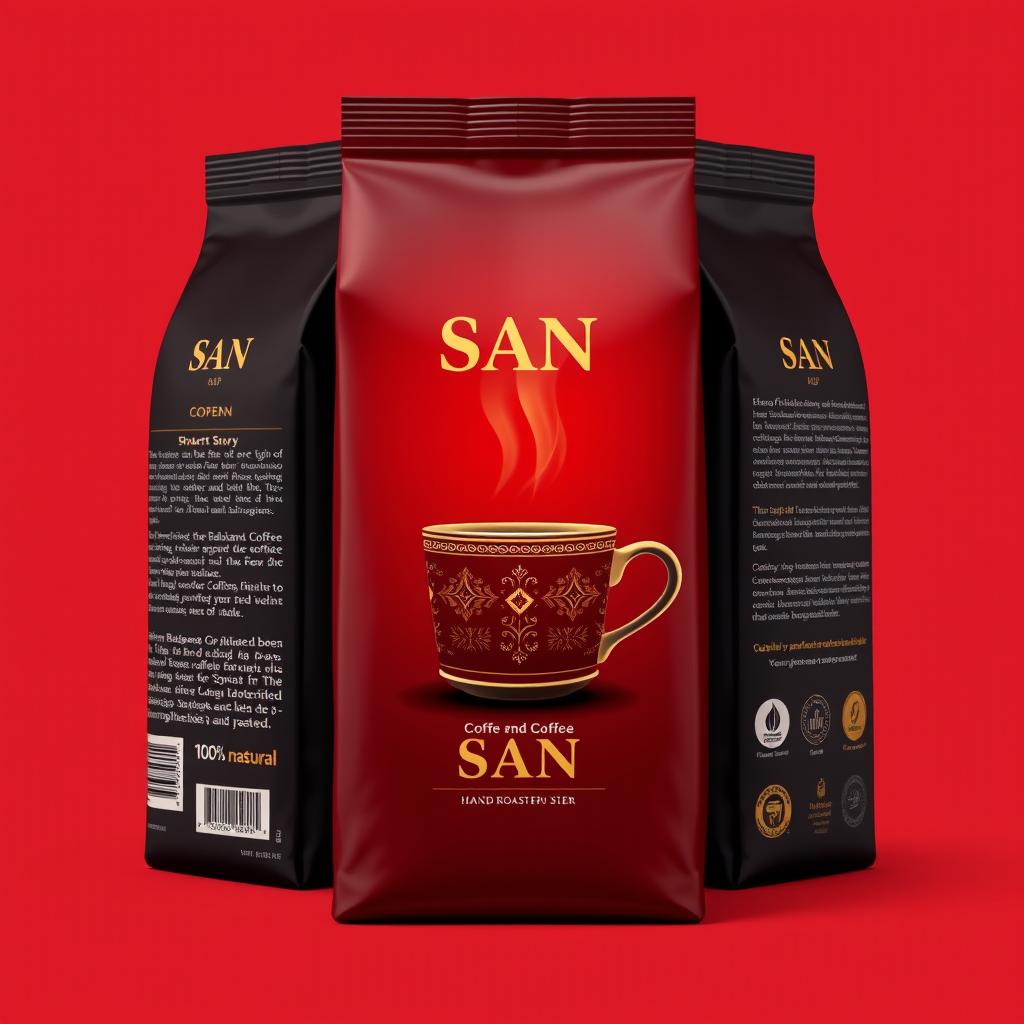 Design a coffee packaging bag that features a deep dark red background symbolizing warmth and passion, commonly found in traditional Balkan designs