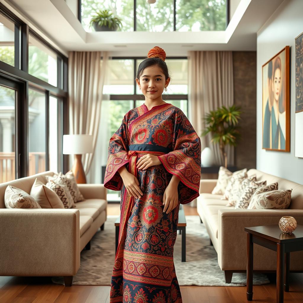 A girl wearing an elegant habaya made of luxurious fabric, featuring intricate patterns and vibrant colors, standing gracefully in a beautifully designed interior home
