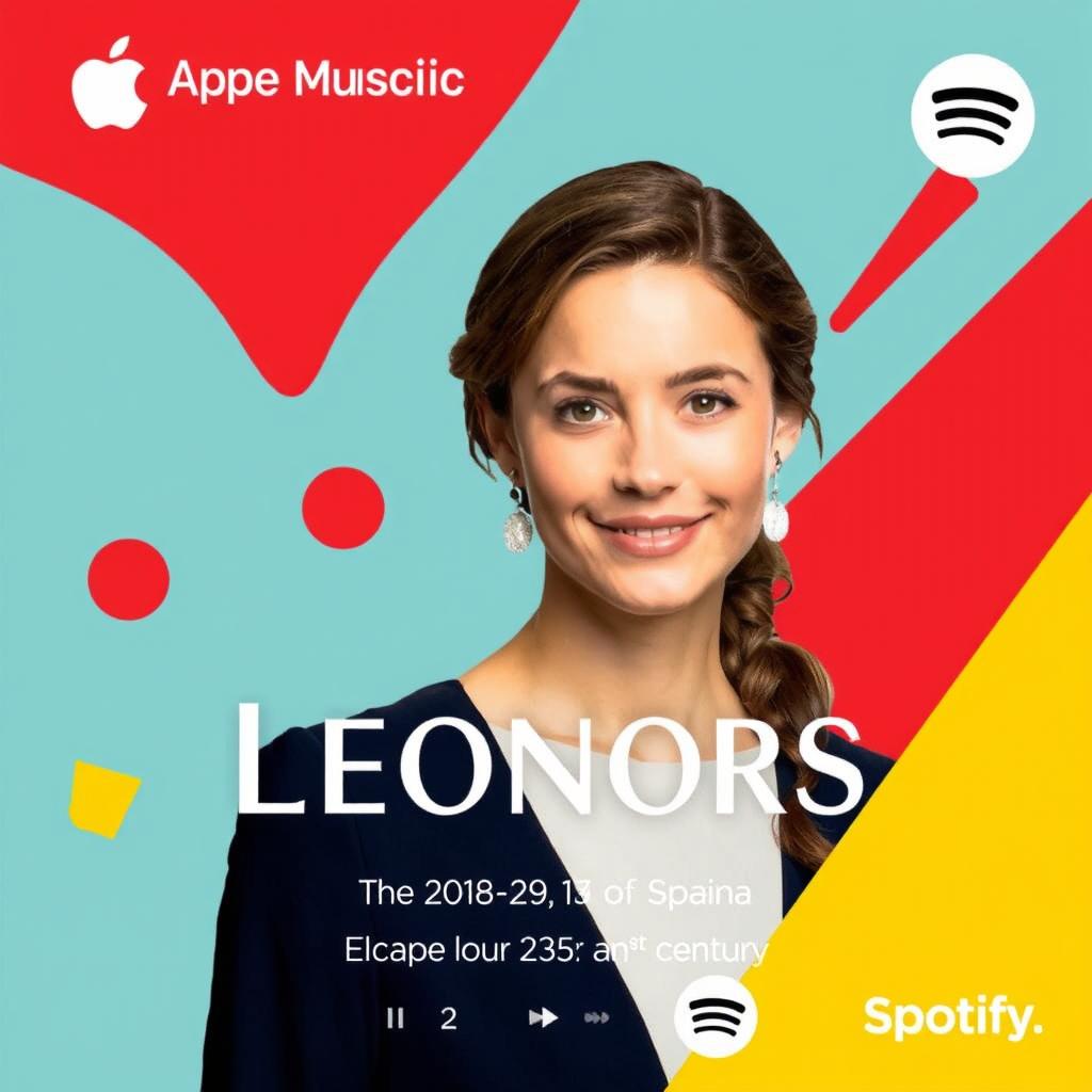 A contemporary podcast cover designed for both Apple Music and Spotify, focusing on the life of Princess Leonor of Spain, the future queen, in the 21st century