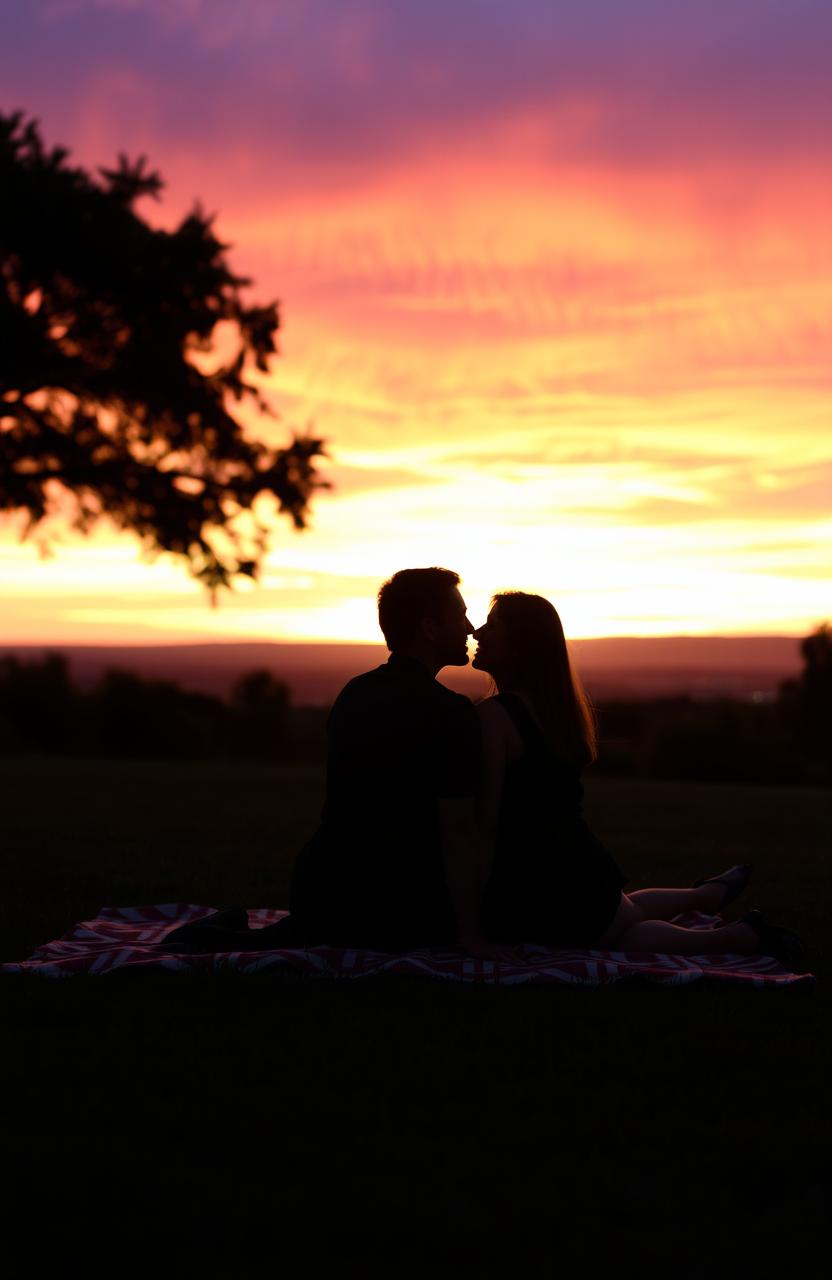 A beautifully romantic scene featuring the silhouette of a couple sitting on a picnic blanket, gazing lovingly at each other
