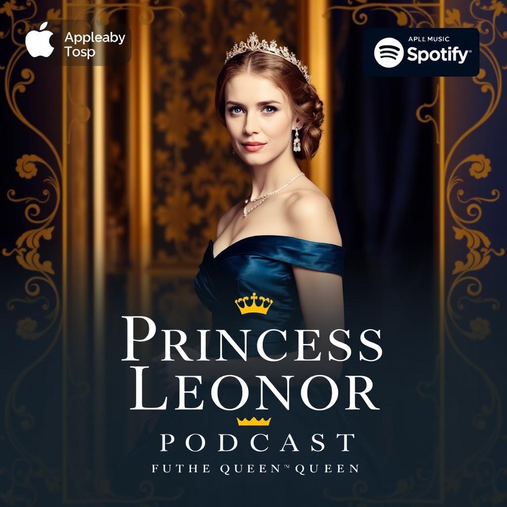 A contemporary royal podcast cover designed for both Apple Music and Spotify, centering on the life of Princess Leonor of Spain, the future queen, in the 21st century