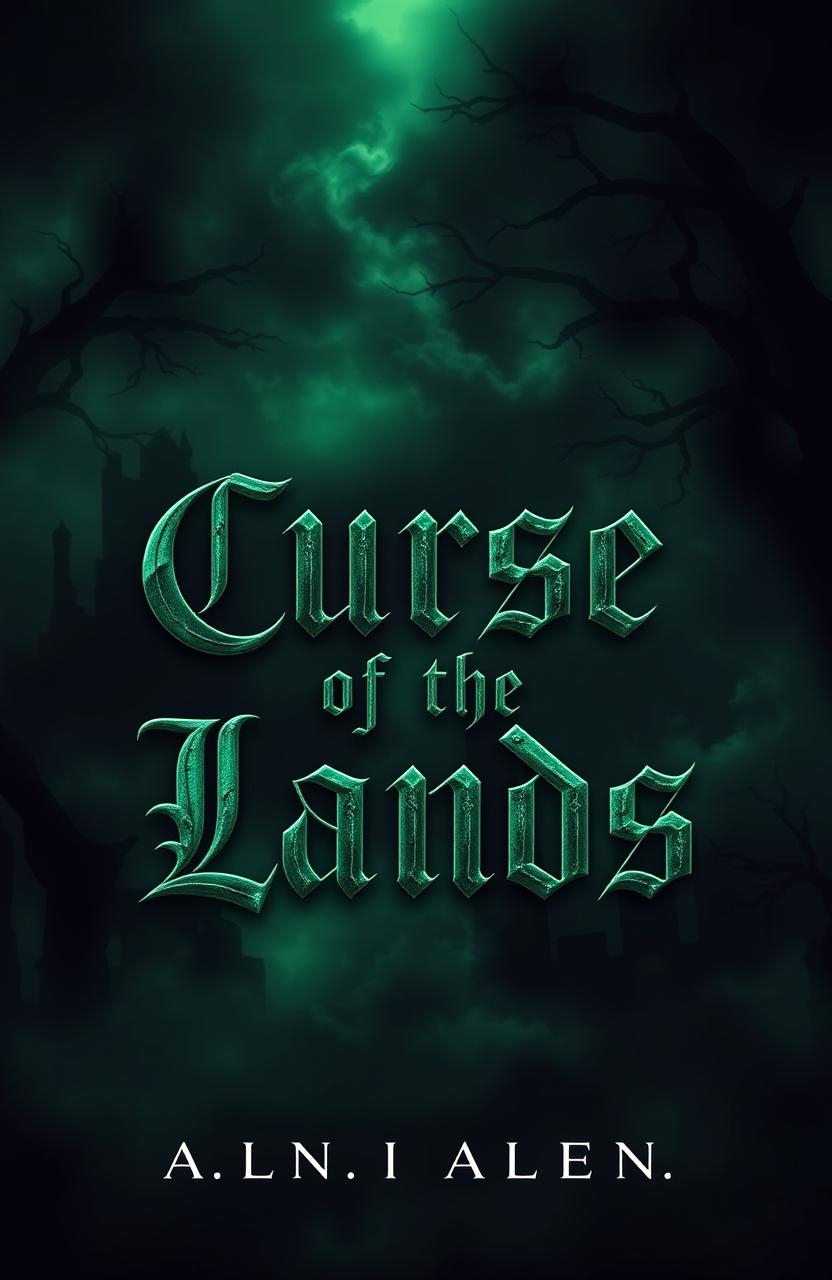 A dark and mystical book cover design for 'Curse of the Lands', featuring an ethereal atmosphere shrouded in green shadows and mist that conveys a sense of ancient, powerful magic
