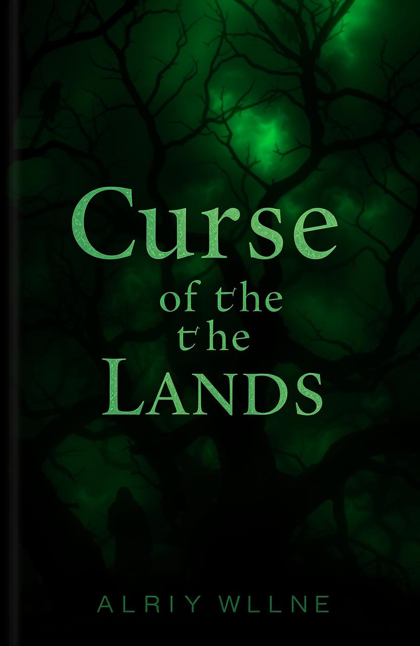 A dark, eerie book cover for 'Curse of the Lands', dominated by deep green shadows that resemble a mist of green energy swirling throughout