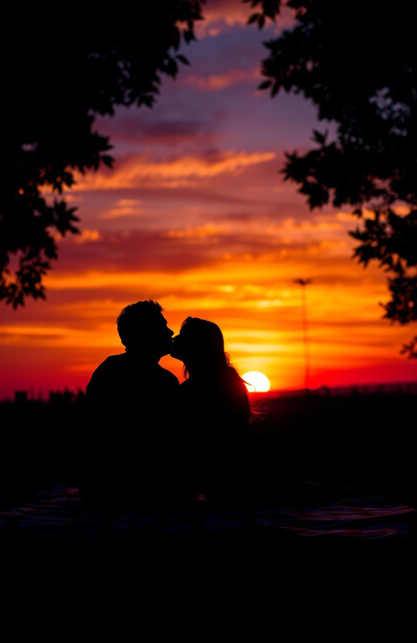A romantic silhouette of a couple sitting on a picnic blanket, gazing into each other's eyes, set against the backdrop of a stunning sunset