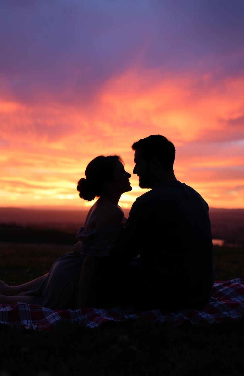 A romantic scene featuring the silhouettes of a couple staring lovingly at each other while sitting closely on a picnic blanket