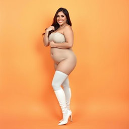 A brunette, busty, chubby, and curvy woman, with long white stockings and stylish white boots