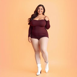 A brunette, busty, chubby, and curvy woman, with long white stockings and stylish white boots