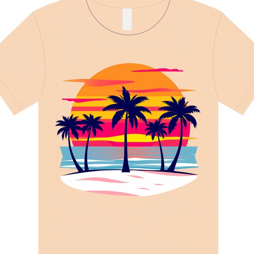 A trendy graphic T-shirt design featuring a stylized illustration of a vibrant sunset over a serene beach, with palm trees silhouetted against the colorful sky