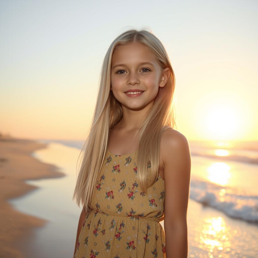 A realistic photograph of a beautiful young girl with long semi-straight platinum blonde hair, wearing a stylish summer dress