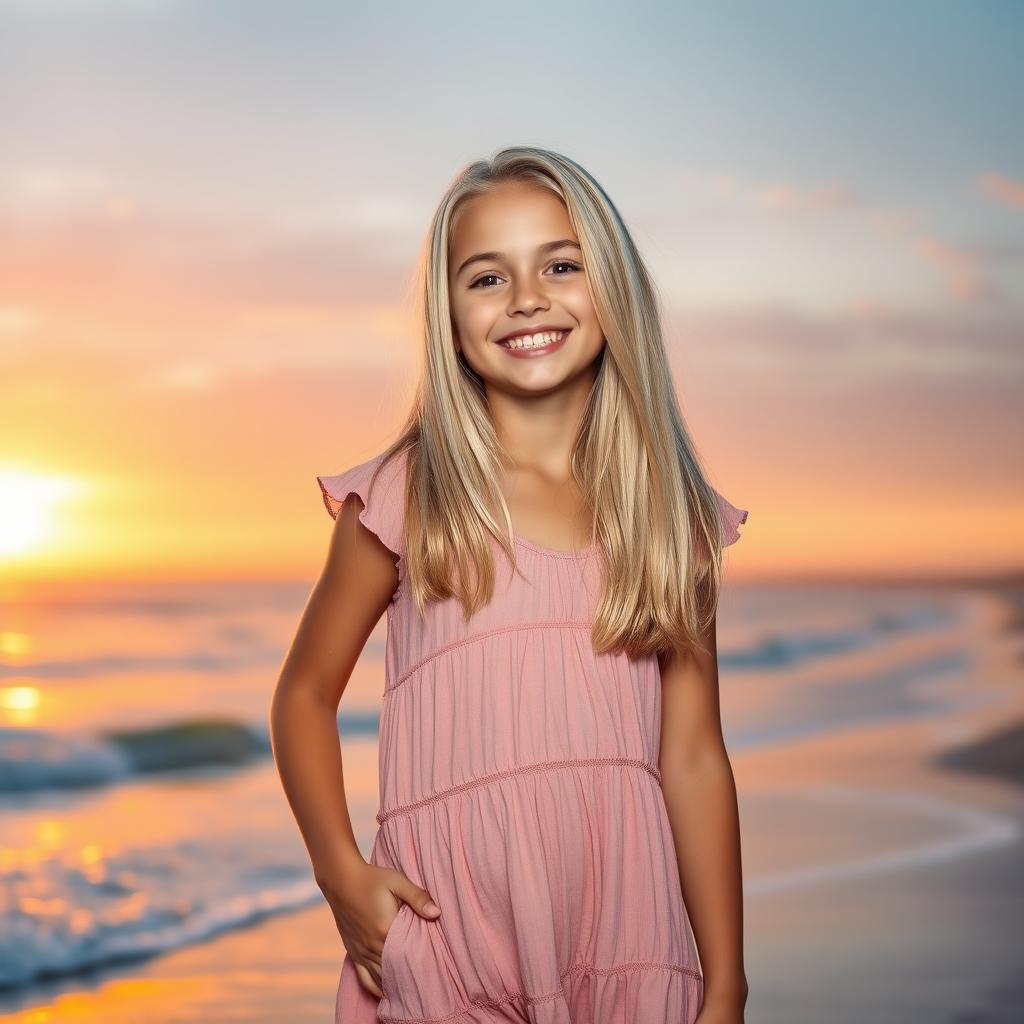 A realistic photograph of a joyful young girl with long semi-straight platinum blonde hair, dressed in a fashionable summer outfit