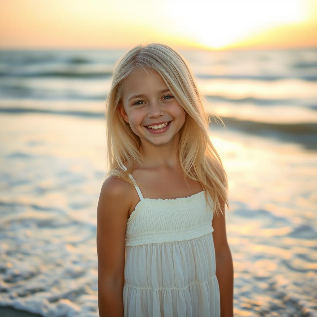 A realistic photograph of a cheerful young girl with long semi-straight platinum blonde hair, wearing a stylish short summer dress made from soft, thin material