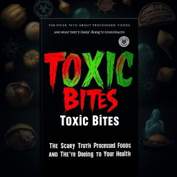 A chilling and dramatic book cover design for 'Toxic Bites: The Scary Truth About Processed Foods and What They’re Doing to Your Health'