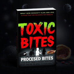 A chilling and dramatic book cover design for 'Toxic Bites: The Scary Truth About Processed Foods and What They’re Doing to Your Health'