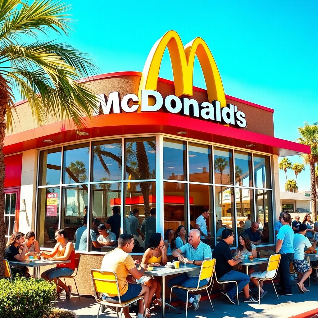 A lively McDonald's restaurant in Southern California, showcasing its vibrant exterior with the iconic golden arches