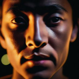 Close-up view of the face of an individual illuminated by the soft glow of an iPhone screen in the darkness of night