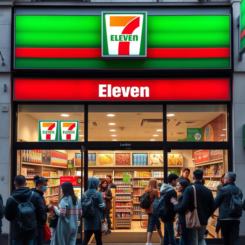 A bustling 7-Eleven store located in London, featuring a modern storefront with the recognizable logo and bright signage