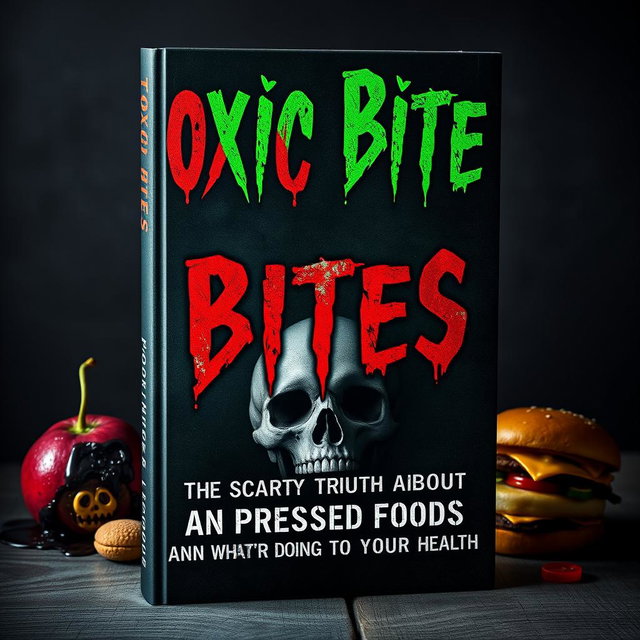 A haunting and impactful book cover design for 'Toxic Bites: The Scary Truth About Processed Foods and What They’re Doing to Your Health'