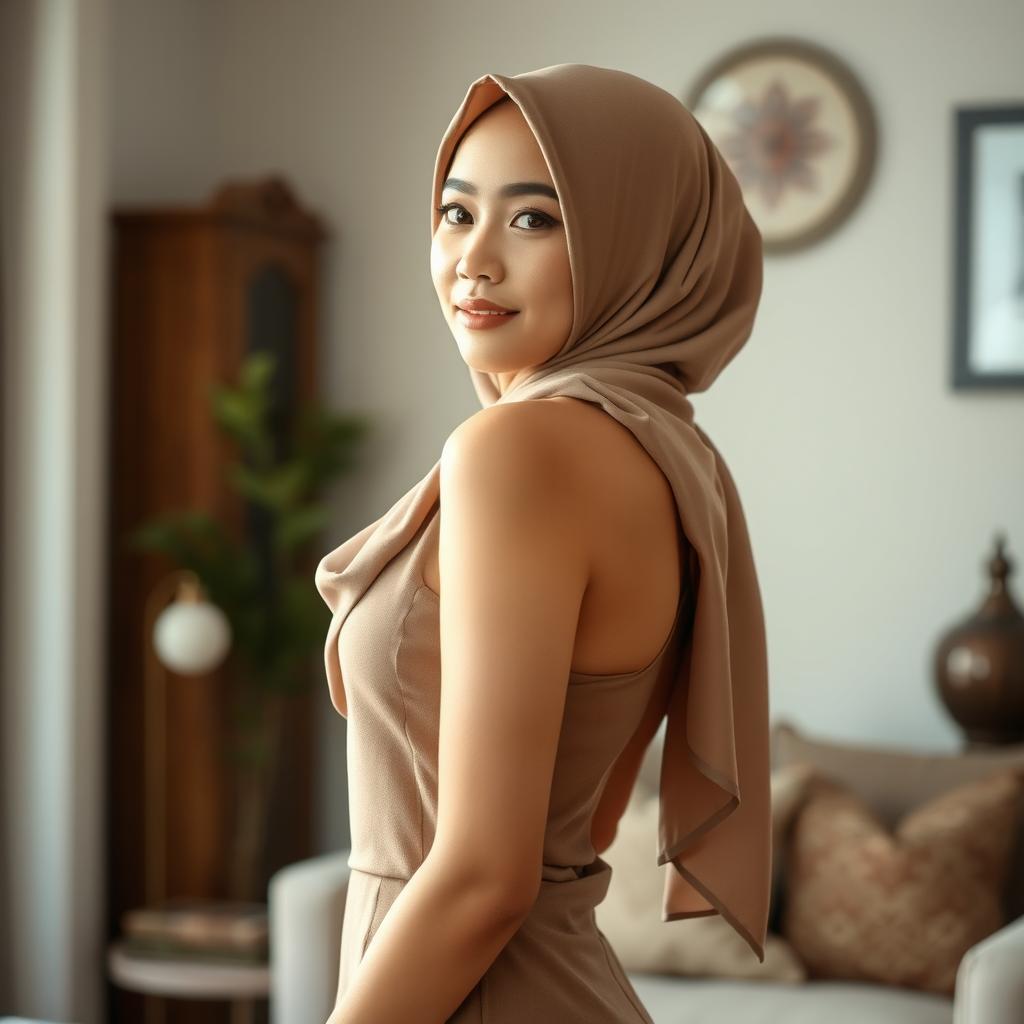 A beautiful Indonesian woman standing confidently to the right, with a slender physique and fair skin
