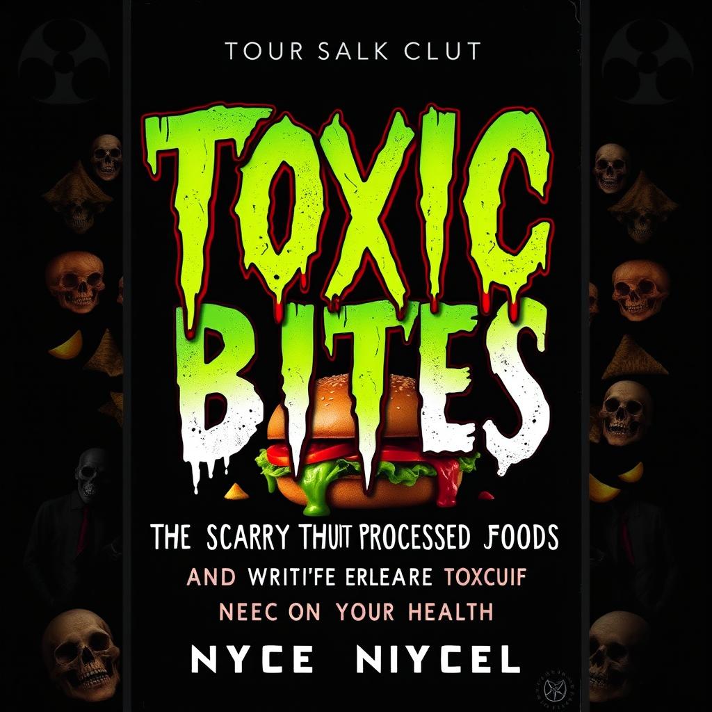 An eerie and alarming book cover design for 'Toxic Bites: The Scary Truth About Processed Foods and What They’re Doing to Your Health'