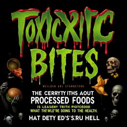 An eerie and alarming book cover design for 'Toxic Bites: The Scary Truth About Processed Foods and What They’re Doing to Your Health'