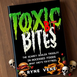 An eerie and alarming book cover design for 'Toxic Bites: The Scary Truth About Processed Foods and What They’re Doing to Your Health'