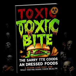 An eerie and alarming book cover design for 'Toxic Bites: The Scary Truth About Processed Foods and What They’re Doing to Your Health'