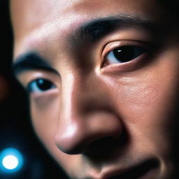 Close-up view of the face of an individual illuminated by the soft glow of an iPhone screen in the darkness of night