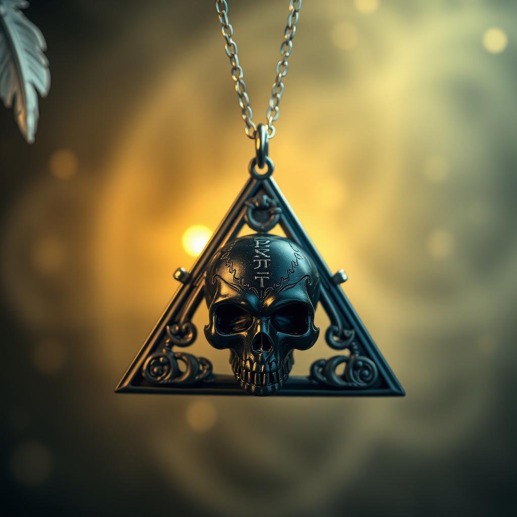 A stunning necklace designed for communicating with the dead, featuring a triangular pendant intricately shaped like a stylized skull