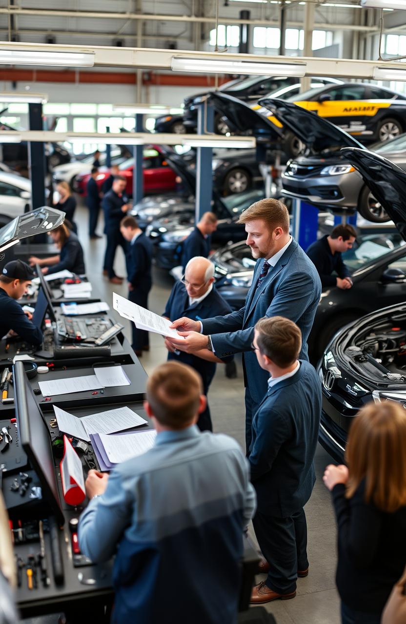 A professional and dynamic automotive fixed operations manager overseeing a bustling service department, working with technicians while analyzing reports and interacting with customers