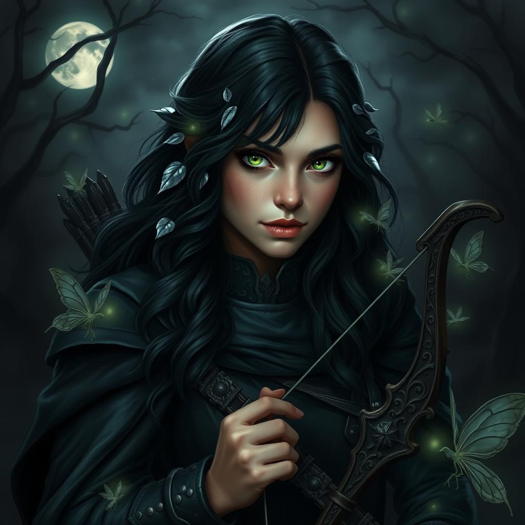 A captivating portrait of a woman Halfling ranger, serving as the protector of fairies, set against a dark and mysterious theme