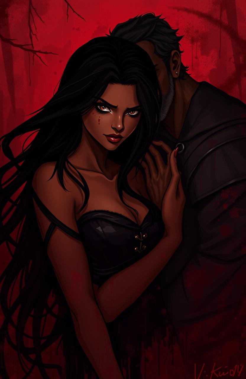 A dark and moody illustration representing a toxic and bloody love story between a man and a woman