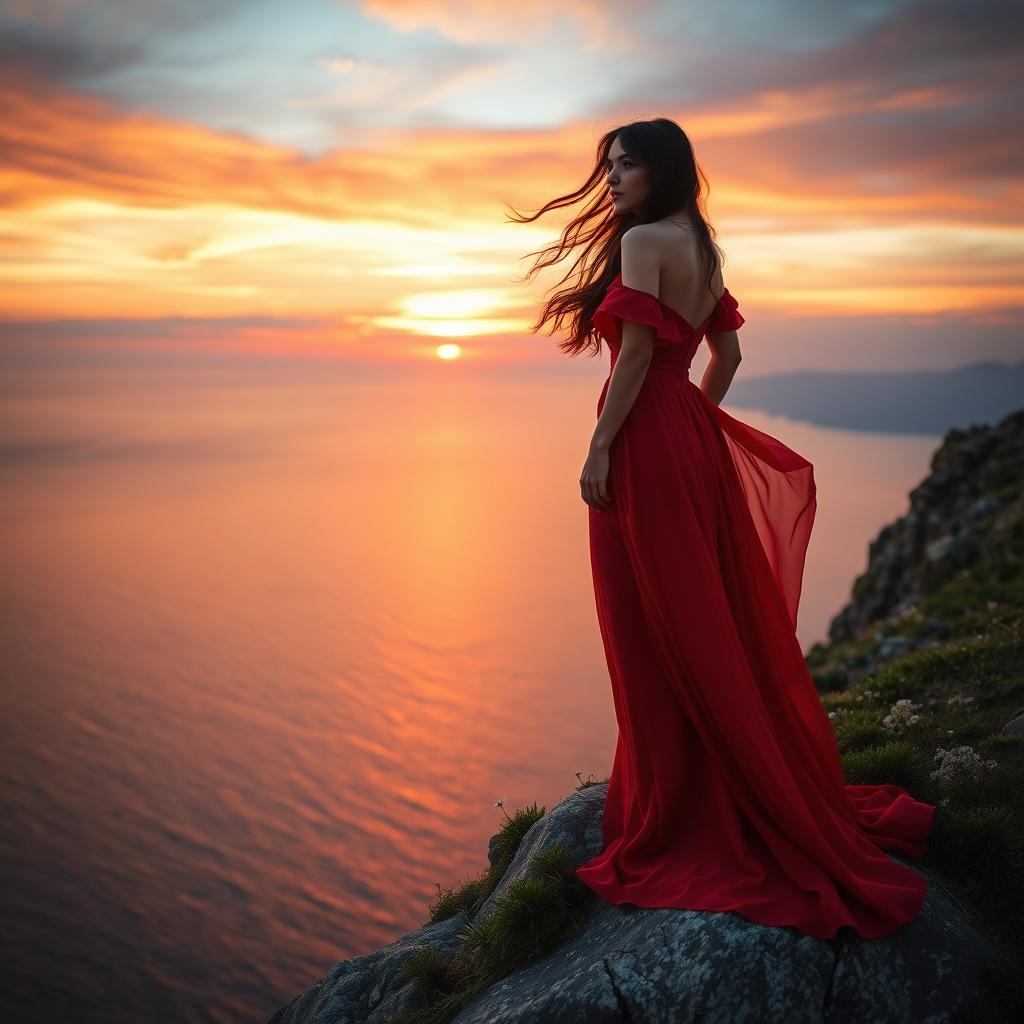 An elegant woman in a flowing red dress standing on a rocky cliff overlooking a vast ocean at sunset