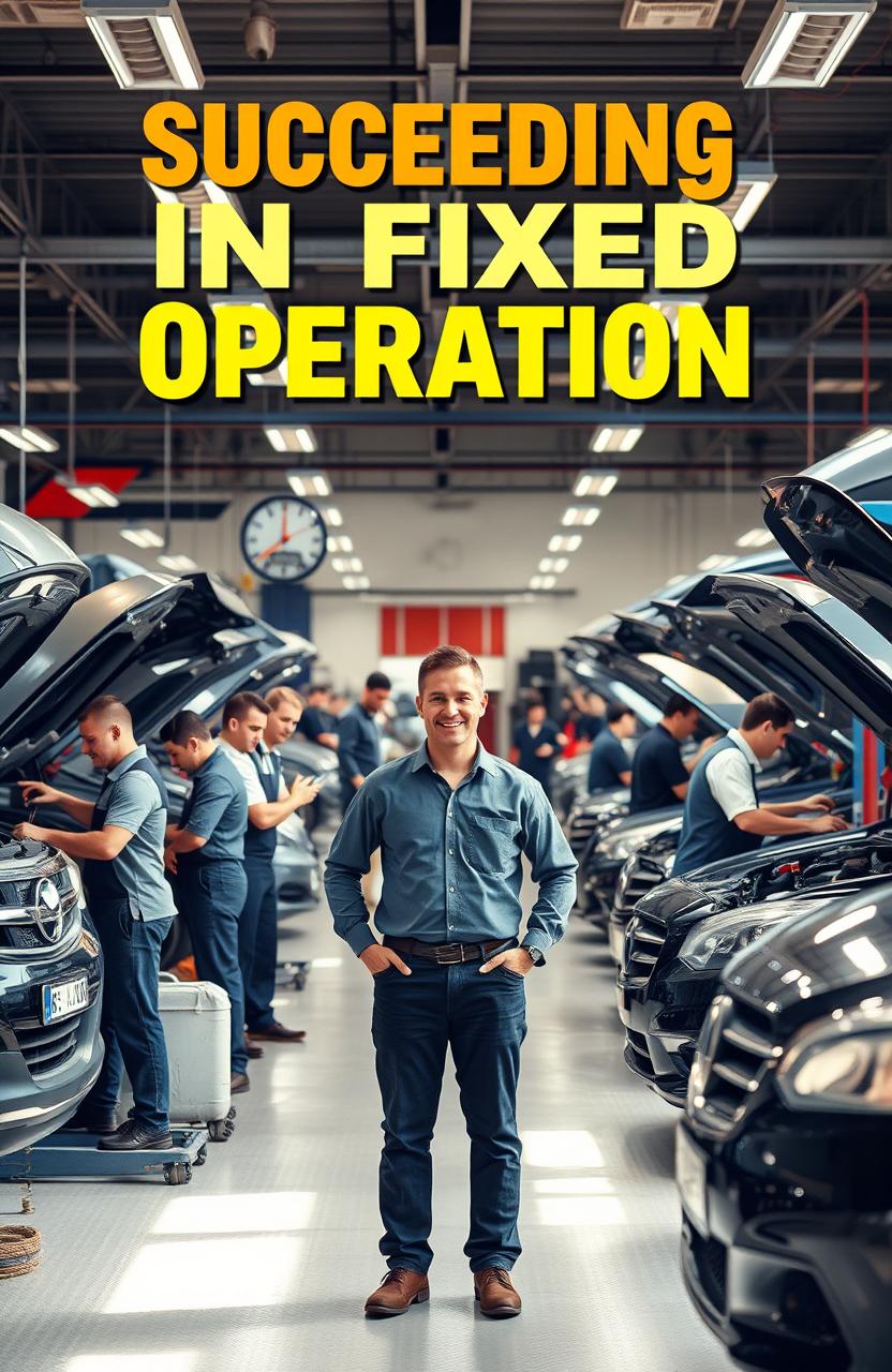 An automotive shop bustling with activity in the background, featuring lots of happy employees working on various vehicles