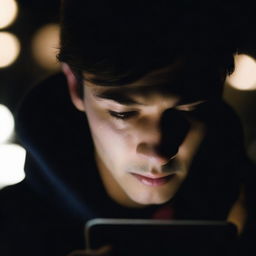 Close-up view of an individual engrossed in their iPhone, their face subtly lit by the screen's light amidst the quiet darkness of night.