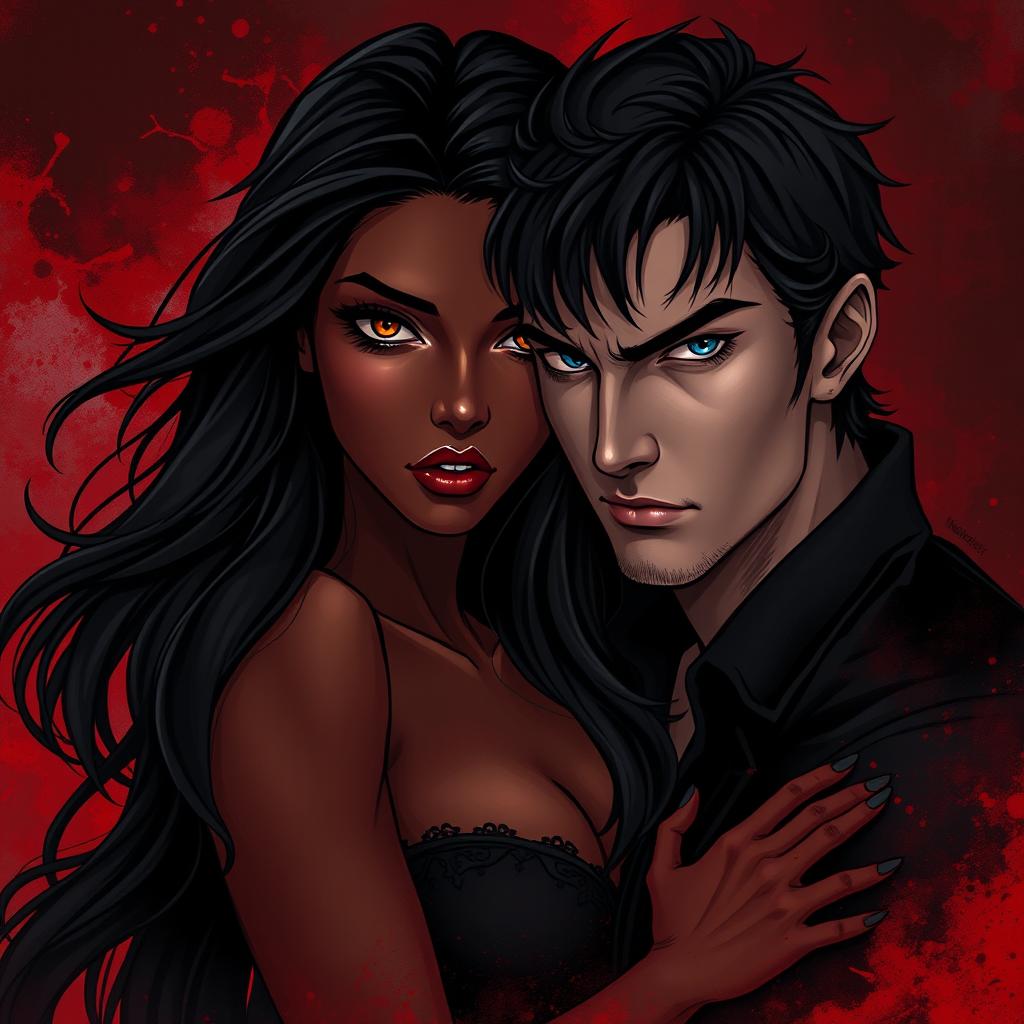A dark and atmospheric illustration depicting the toxic and bloody love story between a man and a woman in a dramatic setting