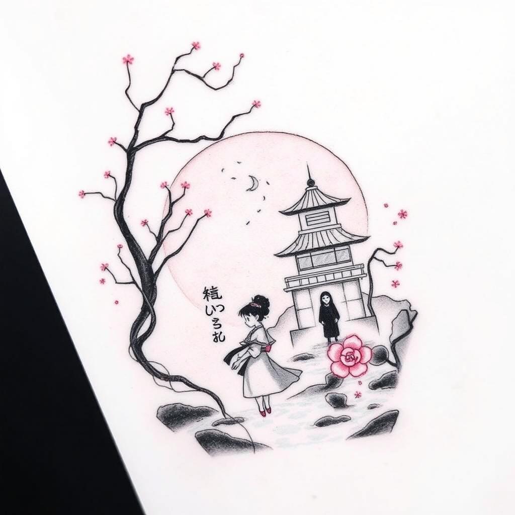 A tattoo sketch inspired by 'Spirited Away', featuring iconic elements such as a silhouette of Chihiro holding a spirit, the bathhouse in the background, and No-Face blending into the scenery