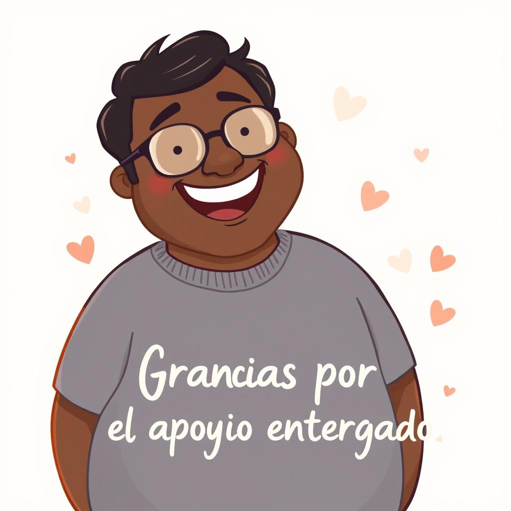 A warm and heartfelt illustration featuring a cheerful, affectionate adult man with a round body and dark skin, wearing glasses