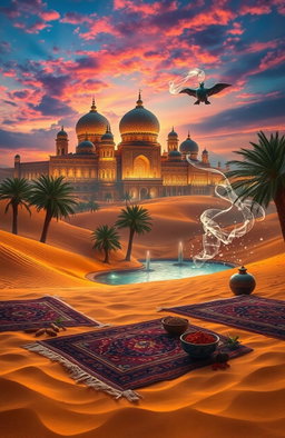 A captivating scene inspired by the rich culture of Arabian Nights, featuring an enchanting desert landscape adorned with golden sands under a vibrant twilight sky